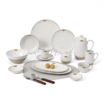 China Sustainable Promotional Top Quality Dishes Sets White Dinnerware Stoneware Dinner Sets Porcelain Dish Set for sale