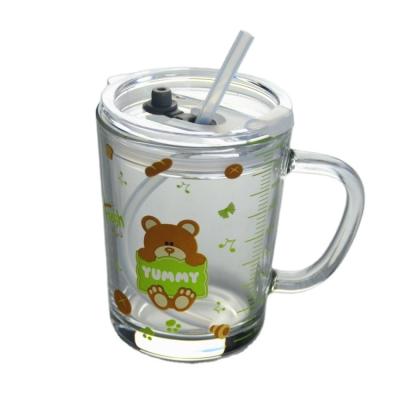 China Cartoon Crystal Drinking Glass With Lid And Silicate Straw for sale