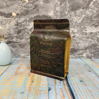 China 250g 8oz Gold Color Box Bottom Aluminum Foil Coffee Bean Packaging Bag Moisture Proof Custom pirnted Flat Plastic Roast Pouch for sale