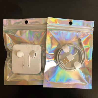 China Clear Moistureproof Hologram USB Laser Cable Wire Earphone Packaging Bag For Accessories Case Cable Bundles Zipper Bag for sale