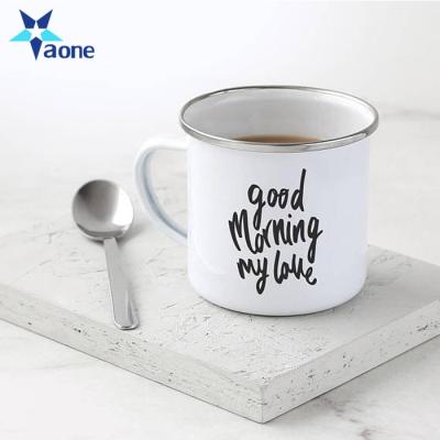 China Logo diy viable promotional wedding gifs company printed white coffee china enamel mug milk camping mug for sale