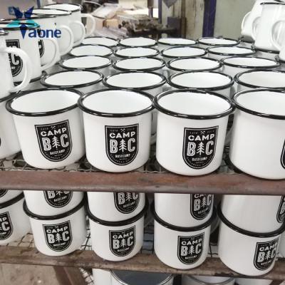 China Viable High Quality Sublimation Enamel White Mugs With Black Rim 12OZ 350ml Logo Print Custom Drinkware for sale