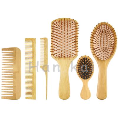 China Wholesale High Quality Waterproof 6 in 1 Natural Bamboo Paddle Wooden Hair Detangling Comb and Massage Brush Set for sale