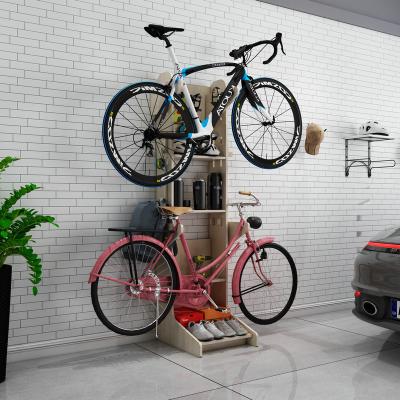 China Sustainable Wooden No Screw 2 Bikes Bike Storage Rack With Shelving Indoor Adjustable Bicycle Display Rack With Wheels for sale