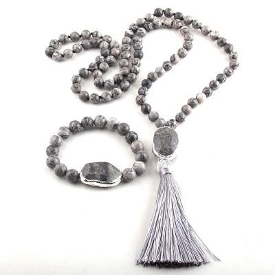 China Natural BOHEMIA Fashion Amazonite Jewelry Set Map Stone Facet Stone Link Tassel Necklace Bracelet Set for sale