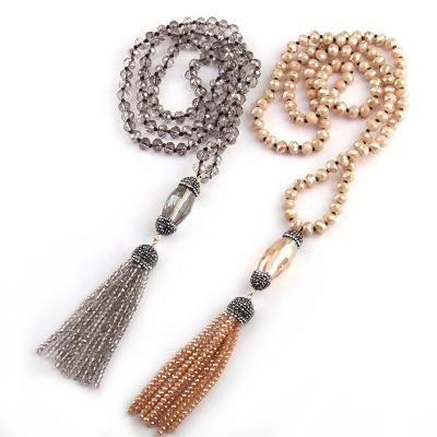 China Fashion Jewelry Gray Crystal Glass Beads Necklace Eco-Friendly Bohemian Knotted Handmade Rhinestone Pave Crystal Tube Tassel Necklace for sale