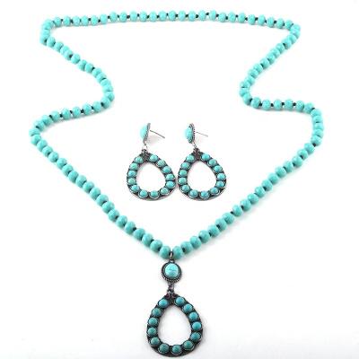 China Fashion Environmental Friendly Women Aqua Glass White Pearl Knotted Jewelry Set Turquoise Crystal Drop Pendant Glass Necklace Earring Set for sale