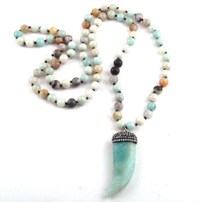 China Eco-Friendly Women Bohemian Ethnic Necklace Fashion Tribal Jewelry Amazonite Stone Knotted Horn Stone Teeth Ox Long Pendant Necklace for sale