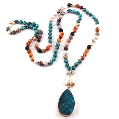 China Environmentally Friendly Women Costume Yoga Necklace 108 Mala Multi Stone Knotted Crystal Beads Mala Multi Stone Knotted Crystal Natural Druzy Drop Pendant Necklace for sale