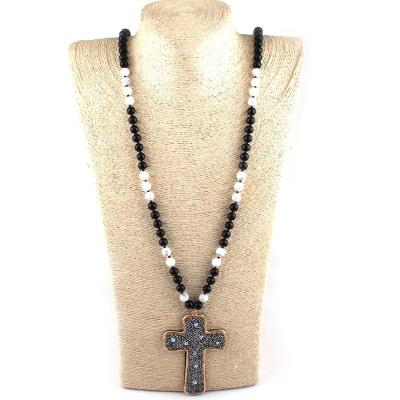 China CLASSIC Tribal Stone Bohemian Fashion Cross Pendant Necklaces Women Jewelry 108pc Mala Stones Necklace Long Knotted for sale