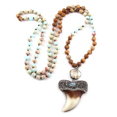 China Environmental Friendly Fashion 8mm 108 Multi Stone Beads Long Knotted Handmade Crystal Teeth Pendant Necklace Mala Necklace for sale