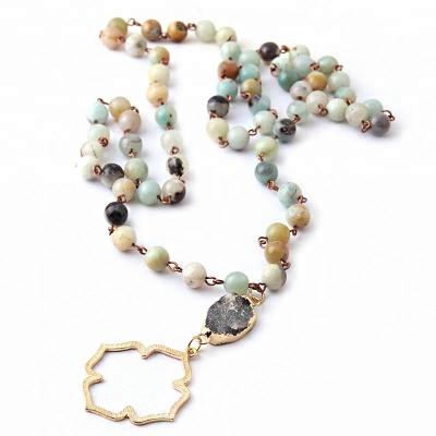 China BOHEMIA Women Statement Necklace Rosary Chain Flower Natural Irregular Druzy Pendant Necklace Metal Link Amazonite Stone Necklace for sale