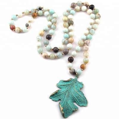 China Women Environmental Natural Amazonite Stone Maple Leaf Necklace Knotted Buddha Cross Pendant Necklace for sale