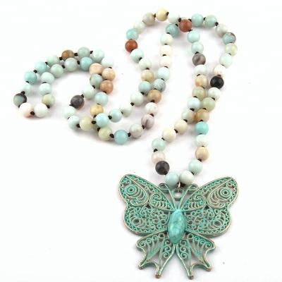 China Women's Casual/Sporty Silver Small Beads Big Circle Disc Necklace Natural Amazonite Stone Necklace Butterfly Round Pendant Necklace for sale