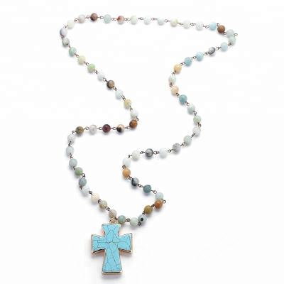 China CLASSIC Natural Turquoise Stone Cross Charm Amazonite Stone Chain Rosary Necklace Women Pendant Necklace for sale