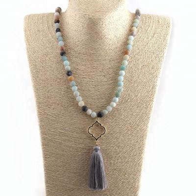 China Matt Natural Amazonite Stone Spade CLASSIC Tribal Tassel Jewelry Bohemian Statement Necklace Women Fashion Pendant Necklace for sale