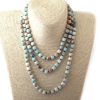 China Fashion Women CLASSIC Gemstone Necklace 8mm Knotted Long Double Wrap Natural Frost Amazonite Necklace for sale