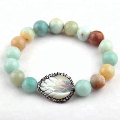 China Fashion 10mm Environmental Friendly Women Amazonite Bracelet Crystal Shell Leaf Natural Stone Bracelet for sale