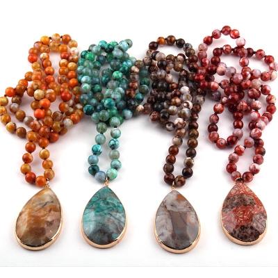 China Women's Eco-friendly Ethnic Long Necklace Fashion Natural Stone Agate Knotted Stone Pendant Necklace for sale