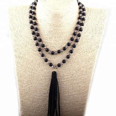 China Fashion CLASSIC Natual Stones Black Beads Crystal Glass Pearl Leather Tassel Women Pendant Necklace for sale