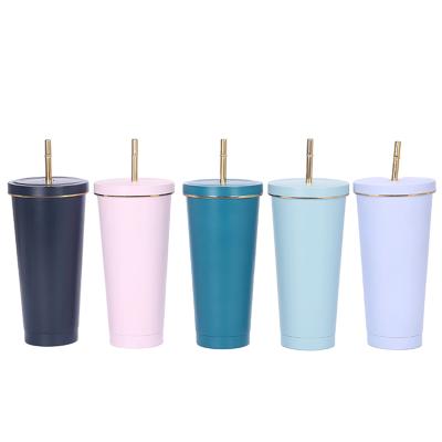 China Double Wall 16oz Stainless Steel Straw Tumbler Disposable Wholesale Coffee Mug With Straw Vacuum Cup Stainless Steel Mug for sale