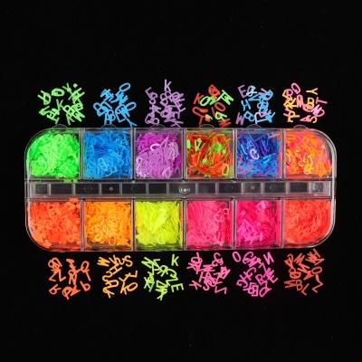 China New PET Fashion Nail Jewelry 12 Colors A-Z Nail Sequins Fluorescent Letter Nail Patch for sale