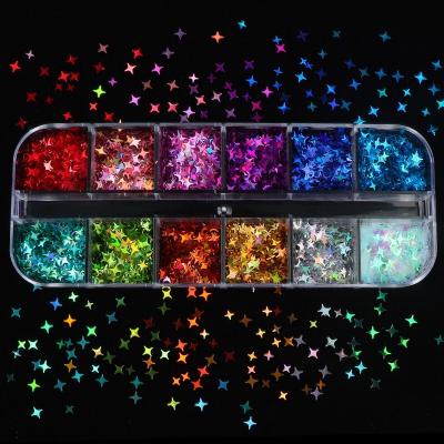 China New PET Fashion Nail Jewelry 12 Colors Nail Stickers Laser Color Star Glitter Nail Patch for sale