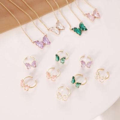 China FASHIONABLE Multicolor Jewelry Sets Crystal Butterfly Necklace Butterfly Ring and Earrings for sale