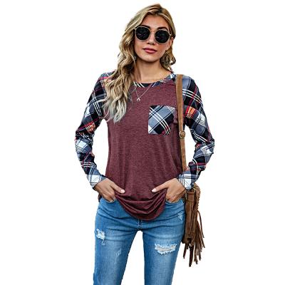 China OEM Breathable Custom Womens Tops Print Tees Long Sleeve Plaid Graphic T-Shirts Female for sale