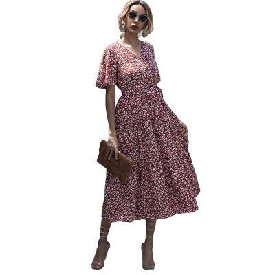 China 2021 Women Summer Fashion Floral V-neck Floral Dresses Breathable Top Selling Women for sale