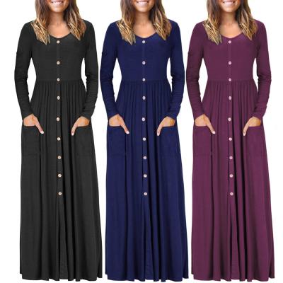 China Breathable Casual Button Front Pocket Women Maxi Dress Long Sleeve for sale