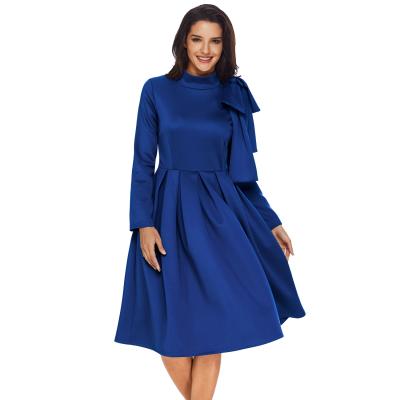 China New Breathable Fashion Royal Blue Bowknot Embellished Fake Neck Pocket Dress Women for sale