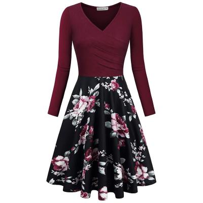 China Breathable Paypal Accept Women V Neck Long Sleeve Floral Skater Dress for sale