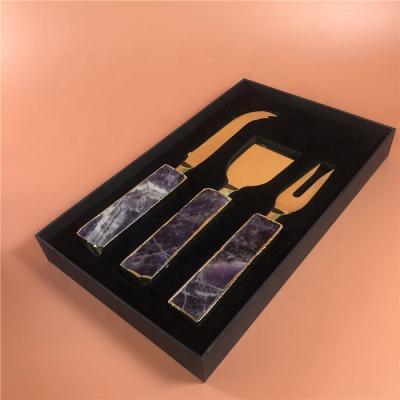 China Viable Kitchen Accessories 3 Pieces Deluxe Amethyst Crystal Cheese Knife Set for Knife and Rose Quartz Cheese Knife Cheese Cutting Set for sale