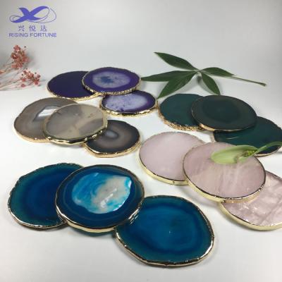 China Europe Best Selling Natural Agate Coasters with Gold Rim Natural Agate Slices with Gold Rim Blue Agate Coaster for sale