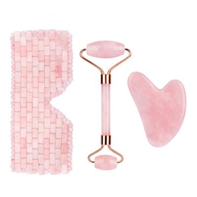 China China Customized Logo Gemstone Rose Quartz Guasha Roller Set Personal Skin Care Jade Facial Massage Roller Self Facial Roller for sale