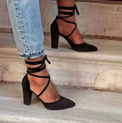 China Newest Breathable Lace Up Toe Women Pumps Summer Thick Closed Heel Pumps Rope Ladies High Heel Sandals for sale