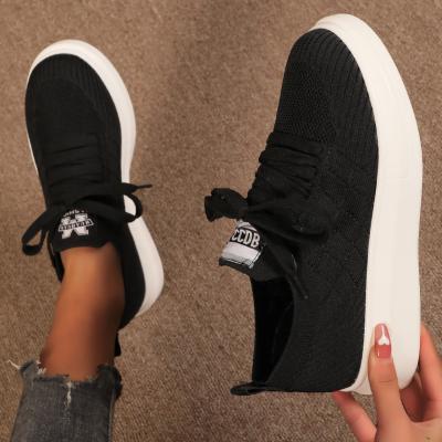 China Fashion Trend Female Platform Sports Simples Casual Shoes Fly Knit Sneakers Lace Up Shoes For Women for sale