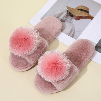 China Anti-skid Soft Flat Fur Slides Winter Slippers Pom Pom Fur Slides Sandals Woman Shoes Women Slippers for sale