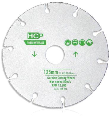 China HCP 125mm Carbide Cutter Wheel Tungsten Carbide Pointed Abrasive Universal Saw Blade For Cutting PVC/Plaster/Fiber Glass/Rubber for sale