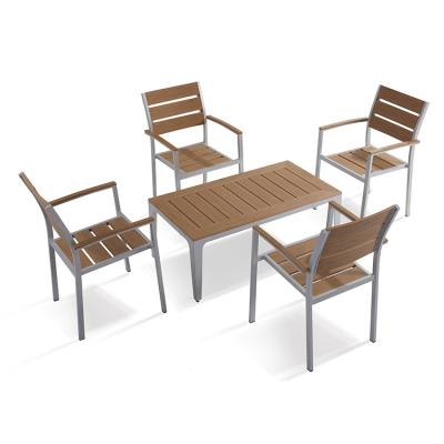 China Modern 5 Pcs Garden Plastic Wood Patio Set Furniture UV-Resistant Courtyard Conversation Chairs And Table Natural Finish for sale