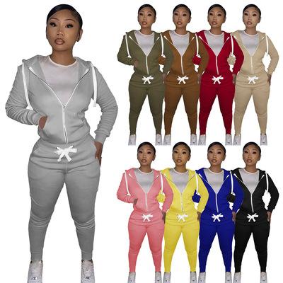 China 2021 Autumn Anti-static Women's Tight Solid Hooded Cotton Sweater Two Piece Set for sale