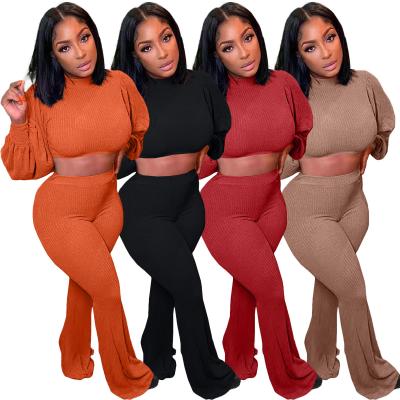 China 2021 Autumn Anti-static Women's Big Band Mine Solid Color Lantern Sleeve Flared Pants Two-Piece Set for sale