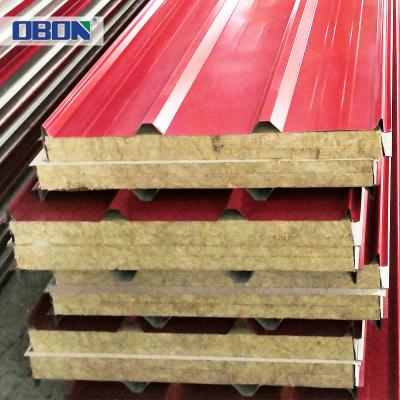 China OBON Soundproof Fireproof Insulated Rock Wool Sandwich Wall Panel Roof Sheet M2 Price 75mm for sale