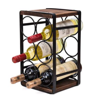 China Viable Rustic Brown Metal Frame 6 Bottles Wooden Bar Decor Wine Rack Countertops for sale