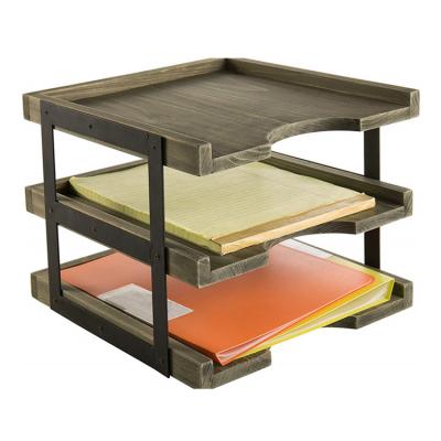 China Office Storage 3 Tier Antique Brown Document Trays Wood Desk Organizers And Accessories for sale