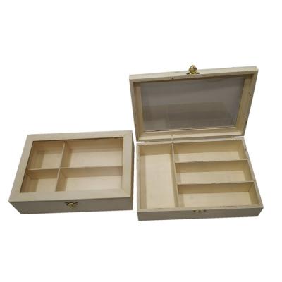 China Handmade Custom Chinese Compartment Gift Wooden Packaging Storage Box With Glass Top Cover for sale