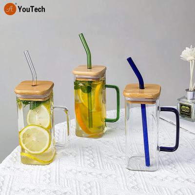 China Modern Square 400ML Mug With Lids And Straws Single Handle Layer Colorful Drinking Glass Mugs For Soda Iced Coffee Milk Bubble Tea Water for sale