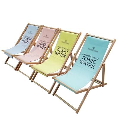 China Modern Casual Wooden Beach Sling Chair with Custom Printed Canvas Seat for Outdoor Camping Garden Beverage Wine Cafe Beer for sale