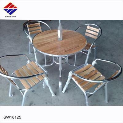 China Traditional Aluminum Outdoor Table With Slat Wood Chair For Drink Beer Restaurant Bistros Patio Garden Logo Promotion for sale